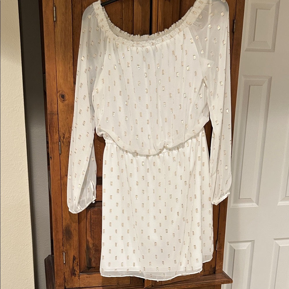 White House Black Market White Dress with Gold Foil Details
